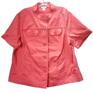 CJ Banks Crop Jacket Womens Plus 1X Coral Pink Stretch Button Front Short Sleeve